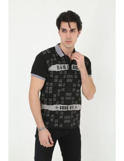 Erkek Yakalı Slim Fit Baskılı T-Shirt - Siyah