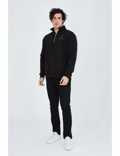 Erkek Yarım Fermuarlı Baskılı Sweat - Siyah