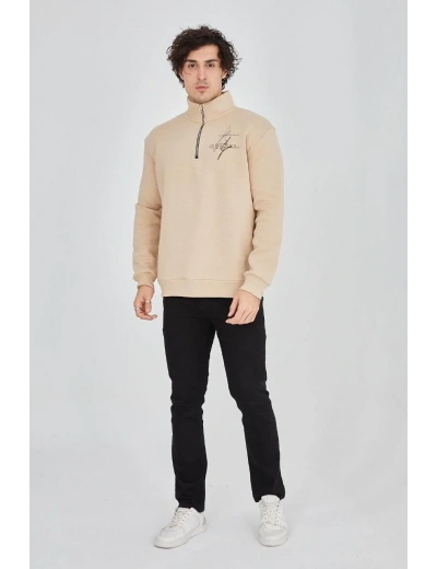 Erkek Yarım Fermuarlı Baskılı 3 iplik pamuklu sweatshirt - Bej