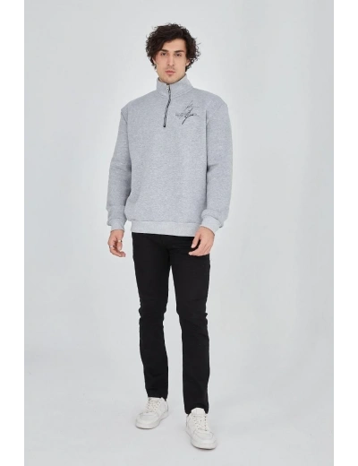 Erkek Yarım Fermuarlı Baskılı 3 iplik pamuklu sweatshirt - Gri