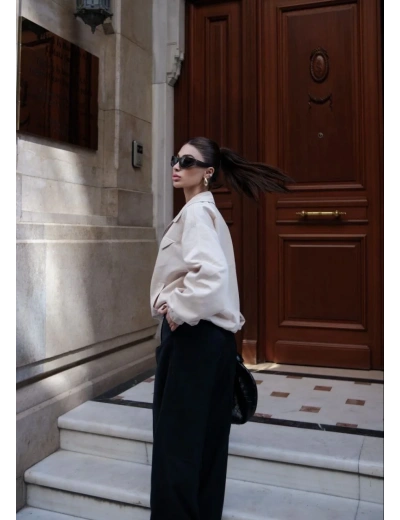 Fermuarlı Gömlek Yaka Bomber Ceket - Beyaz