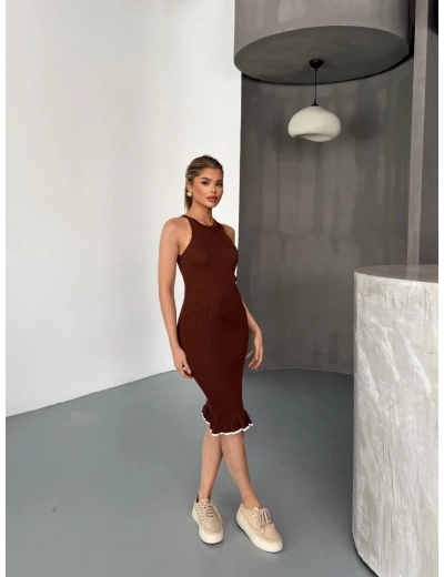 Fırfır Detaylı Triko Elbise- Kahverengi