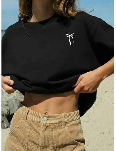 Kadın fiyonk baskılı siyah oversize Kısa Kol t-shirt- Siyah