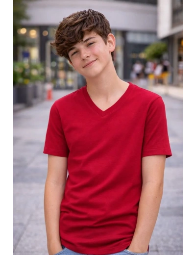 Genç Erkek Çocuk V Yaka Tişört Model - Bordo