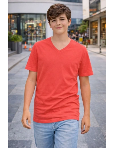 Genç Erkek Çocuk V Yaka Tişört Model - Nar Çiçeği