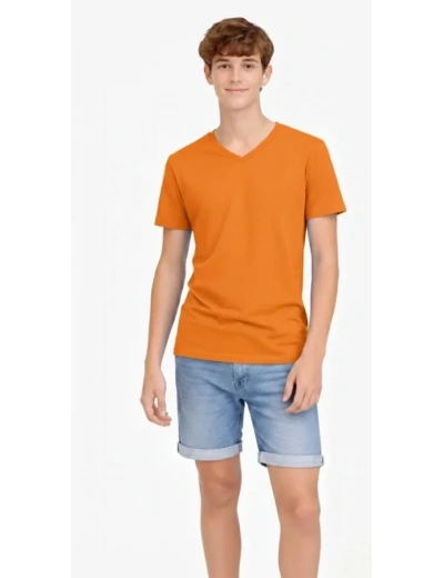 Genç Erkek Çocuk V Yaka Tişört Yazlık Model Günlük Basic Body - Turuncu