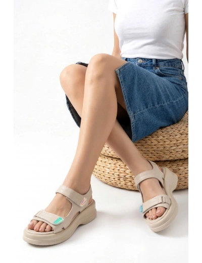 Ginya Bej Cilt Cırt Cırtlı Sandalet