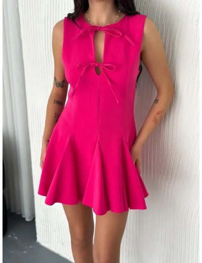 Göğüs Bağlamalı Kolsuz Mini Boy Elbise - Pembe