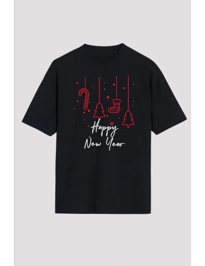 Happy New Year Baskılı T-shirt - Siyah