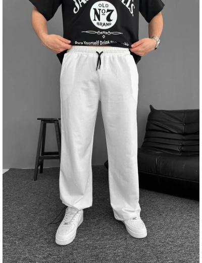 İki İplik Kumaş Beli Lastikli Yan Flota Cepli Baggy Alt Esofman - Beyaz