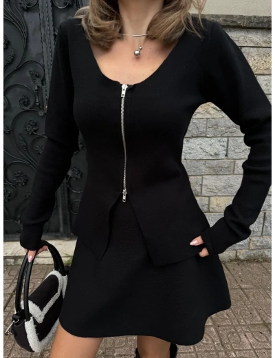 İkili Fermuarlı Hırkalı Etekli Takım - Siyah