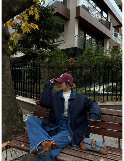 Jeans Detaylı Cıtcıtlı Ceket Mont - Lacivert