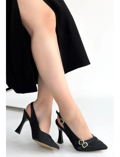 Jedda Siyah Simli Cilt Topuklu Ayakkabı