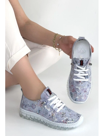 Jiten Lila Desenli Deri Bağcıklı Spor Ayakkabı