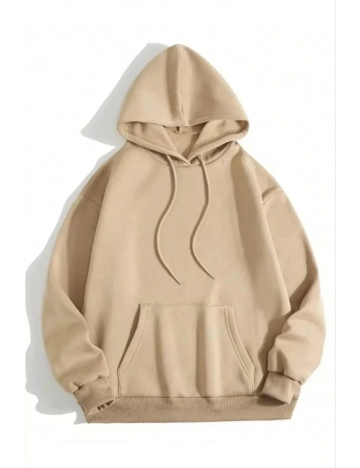 Kadın Kapüşonlu Kanguru Cepli 3 İplik Pamuklu Düz Hoodie Sweatshirt - Bej