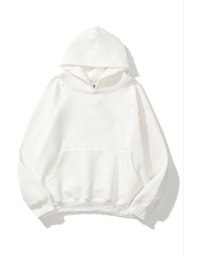 Kadın Kapüşonlu Kanguru Cepli 3 İplik Pamuklu Düz Hoodie Sweatshirt - Beyaz