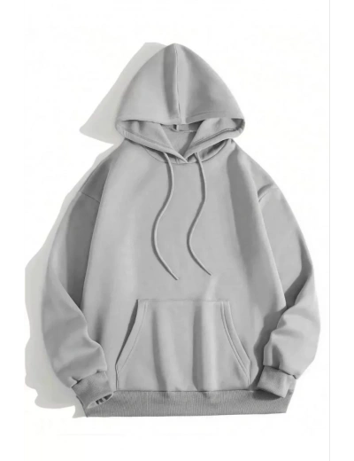 Kadın Kapüşonlu Kanguru Cepli 3 İplik Pamuklu Düz Hoodie Sweatshirt - Gri
