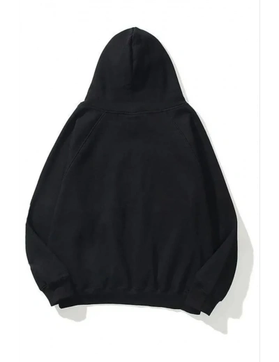 Kadın Kapüşonlu Kanguru Cepli 3 İplik Pamuklu Düz Hoodie Sweatshirt - Siyah