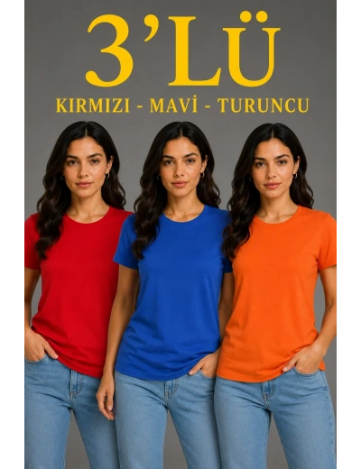 Kadın 3’lü Kısa Kollu Bisiklet Yaka Basic Slim Fit T-Shirt - Kırmızı - Mavi - Turuncu