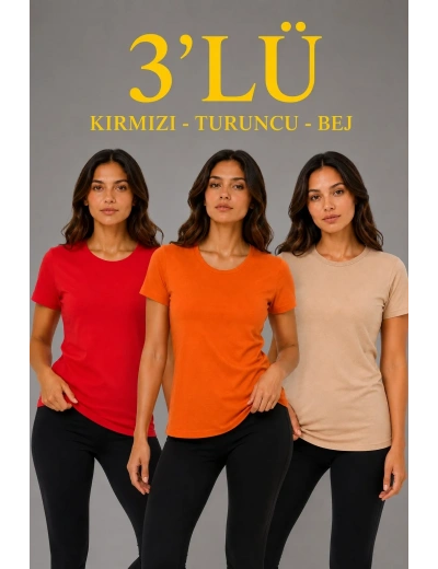 Kadın 3’lü Kısa Kollu Bisiklet Yaka Basic Slim Fit T-Shirt - Kırmızı - Turuncu - Bej