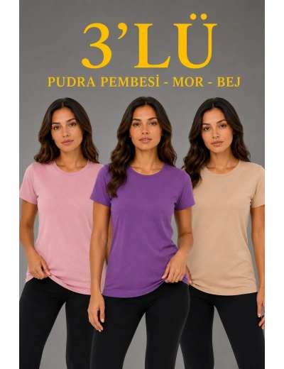 Kadın 3’lü Kısa Kollu Bisiklet Yaka Basic Slim Fit T-Shirt - Pudra Pembe - Mor - Bej