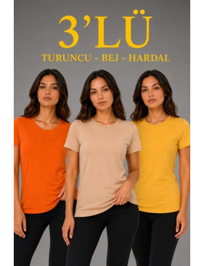 Kadın 3’lü Kısa Kollu Bisiklet Yaka Basic Slim Fit T-Shirt - Turuncu - Bej - Hardal
