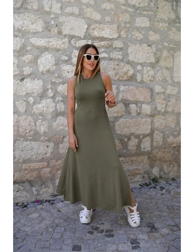 Kadın Arkadan çapraz Detay Yuvarlak Yaka Maksi Viskon Elbise