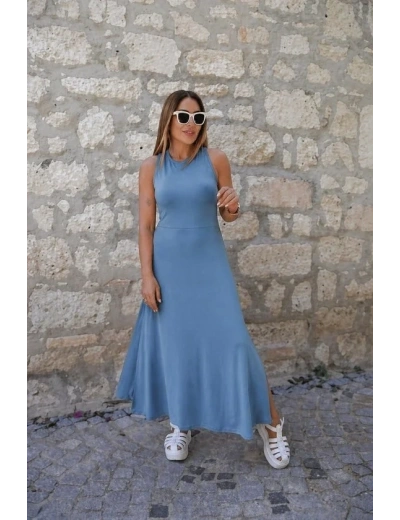 Kadın Arkadan çapraz Detay Yuvarlak Yaka Maksi Viskon Elbise
