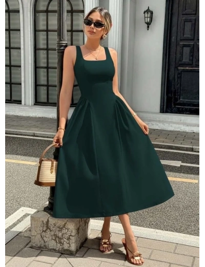 Kadın Askılı Kare Yakalı Uzun Ithal Krep Elbise