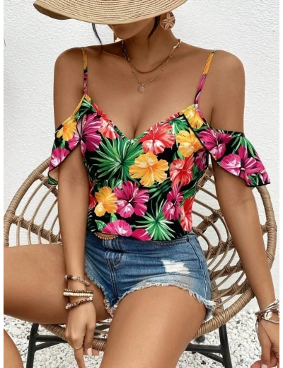 Kadın Askılı Omuzlardan Açık çiçek Baskılı Bluz