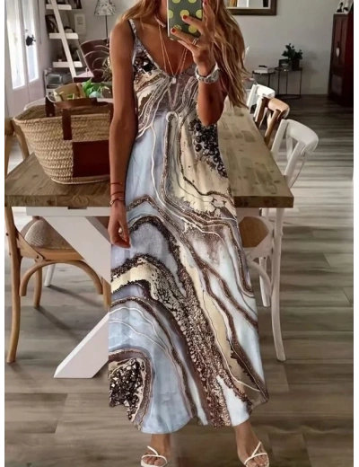 Kadın Askılı V Yakalı Desenlı Uzun Süprem Elbise