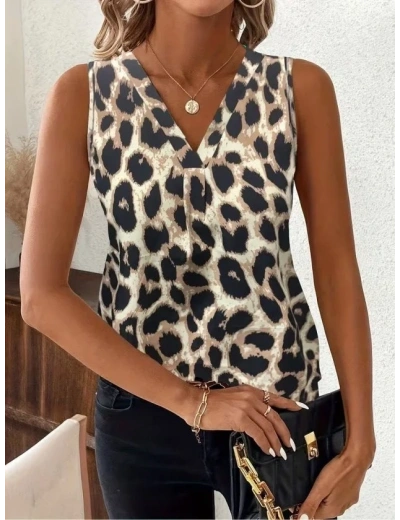 Kadın Askılı V Yakalı Leopar Desenli Süprem Bluz