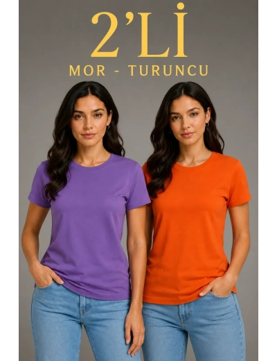 Kadın Basic Bisiklet Yaka Yazlık Slim fit T-Shirt - Mor  & Turuncu