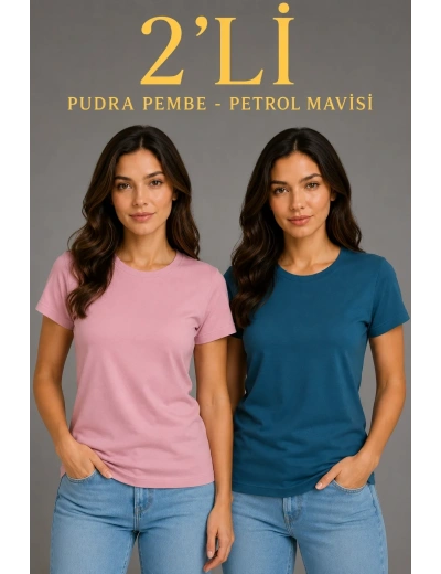 Kadın Basic Bisiklet Yaka Yazlık Slim fit T-Shirt - Pudra Pembe & Petrol Mavi