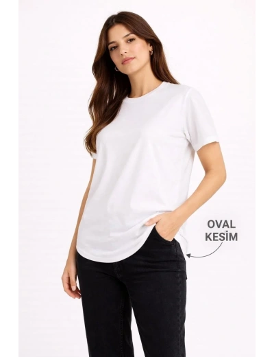 Kadın Basic T-Shirt Kısa Kol Bisiklet Yaka Oval Kesim Tişört - Beyaz
