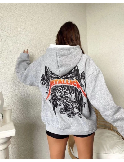 Kadın Baskılı Kapüşonlu Sweat - Gri