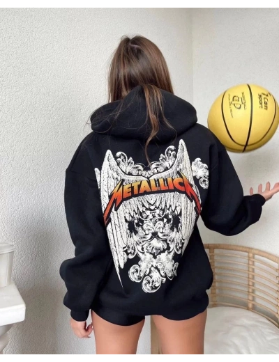 Kadın Baskılı Kapüşonlu Sweat - Siyah