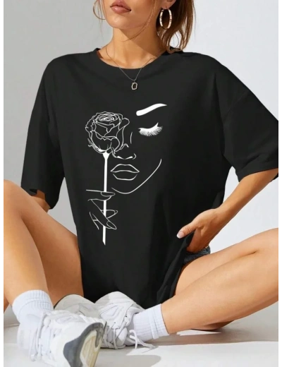 Kadın Tişört Baskılı Kısa kol Oversize T-shirt - Siyah