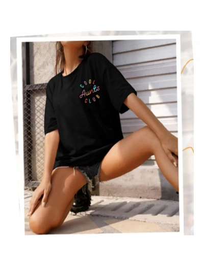 Kadın Baskılı T-Shirt Kısa Kol Bisiklet Yaka Oversize Rahat Kalıp Tişört - Siyah