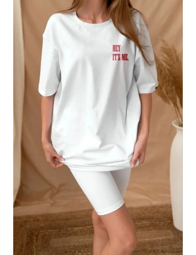 Kadın Baskılı T-Shirt Kısa Kol Bisiklet Yaka Oversize Rahat Kalıp Tişört - Beyaz