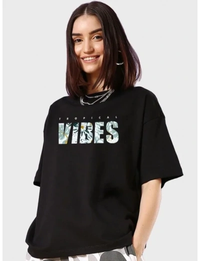 Kadın Kısa Kol Yazlık Tişört Bisiklet Yaka VIBES Baskılı T-Shirt - Siyah