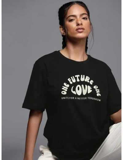 Kadın Baskılı T-Shirt Kısa Kol Bisiklet Yaka Oversize Rahat Kalıp Tişört - Siyah