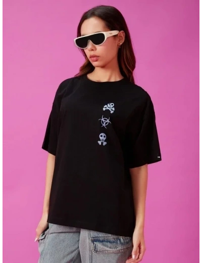 Kadın Kısa Kol Yazlık Tişört Bisiklet Yaka Baskılı Oversize T-Shirt - Siyah