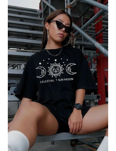 Kadın Baskılı T-Shirt Kısa Kol Bisiklet Yaka Oversize Rahat Kalıp Tişört - Siyah