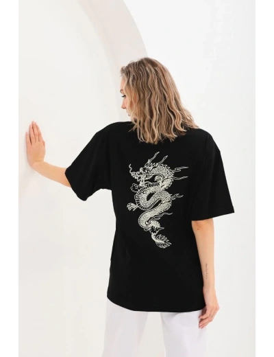 Kadın Kısa Kol Yazlık Tişört Bisiklet Yaka Ejderha Baskılı T-Shirt - Siyah