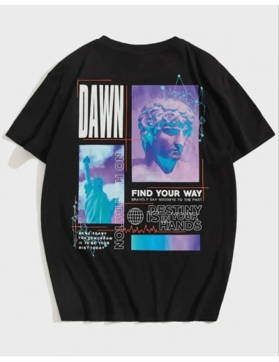 Kadın Baskılı T-Shirt Kısa Kol Bisiklet Yaka Oversize Rahat Kalıp Tişört - Siyah