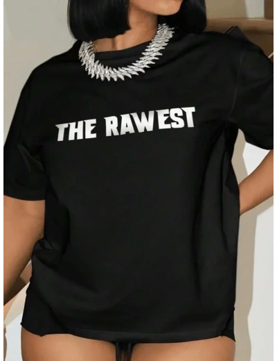 Kadın Baskılı T-Shirt Kısa Kol Bisiklet Yaka Oversize Rahat Kalıp Tişört - Siyah