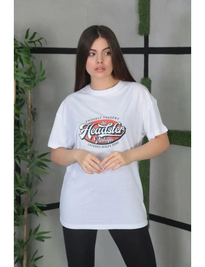 Kadın Kısa Kol Yazlık Tişört Bisiklet Yaka Baskılı Oversize T-Shirt - Beyaz