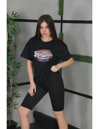 Kadın Kısa Kol Yazlık Tişört Bisiklet Yaka Baskılı Oversize T-Shirt - Siyah