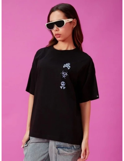 Kadın Baskılı Oversize T-shirt - Siyah